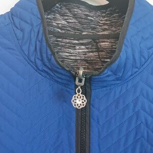 Reversible Womens Quilted Vest Blue and Gray Black Trim Sleeveless Size L Warm O